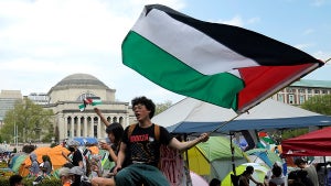 Protestors wave Palestinian flags on the West Lawn of Columbia University on April 29, 2024 in New York. Student demonstrators at Columbia University, the epicenter of pro-Palestinian protests that have erupted at US colleges, said Monday they would not budge until the school met their demands, defying an ultimatum to disperse or face suspension.