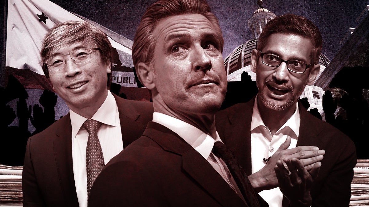 L.A. Times Publisher Patrick Soon-Shiong, California Gov. Gavin Newsom and Google CEO Sundar Pichai.