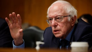 Bernie Sanders questions witnesses during a hearing about working hours in the Dirksen Senate Office Building on Capitol Hill in March 2024