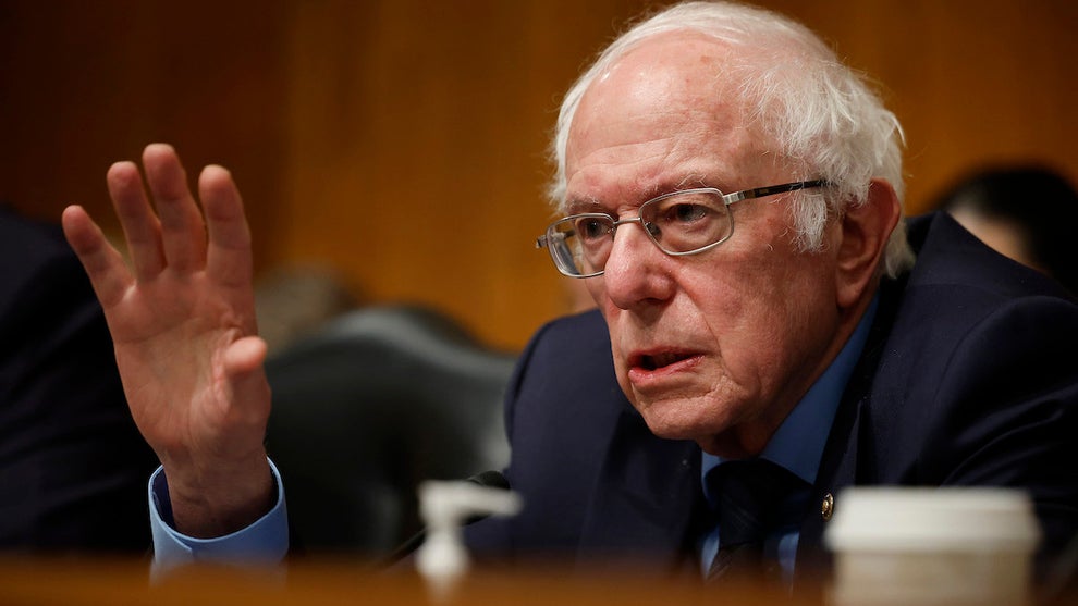Bernie Sanders questions witnesses during a hearing about working hours in the Dirksen Senate Office Building on Capitol Hill in March 2024