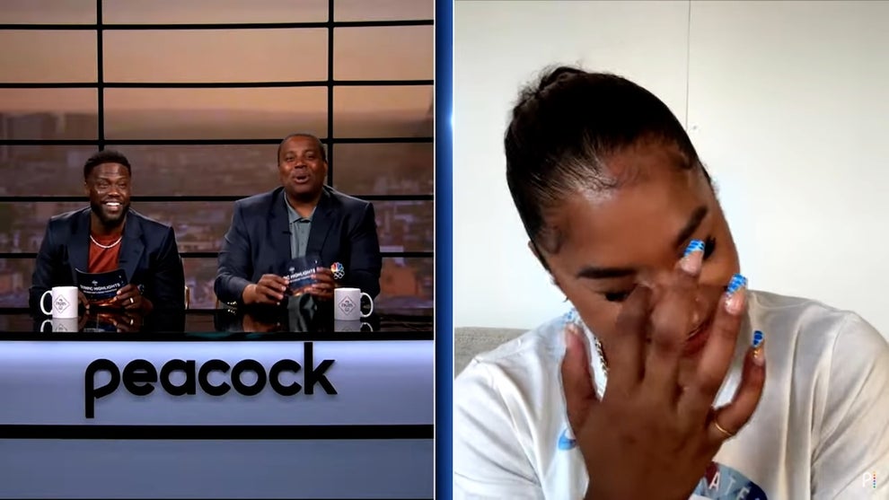 A split screen, with two men at a desk who have dark-toned skin, wearing sports coats, while the woman on the right side of the split screen has dark-toned skin and is rubbing her eyes with her fingers, bowing her head and appearing embarrassed.