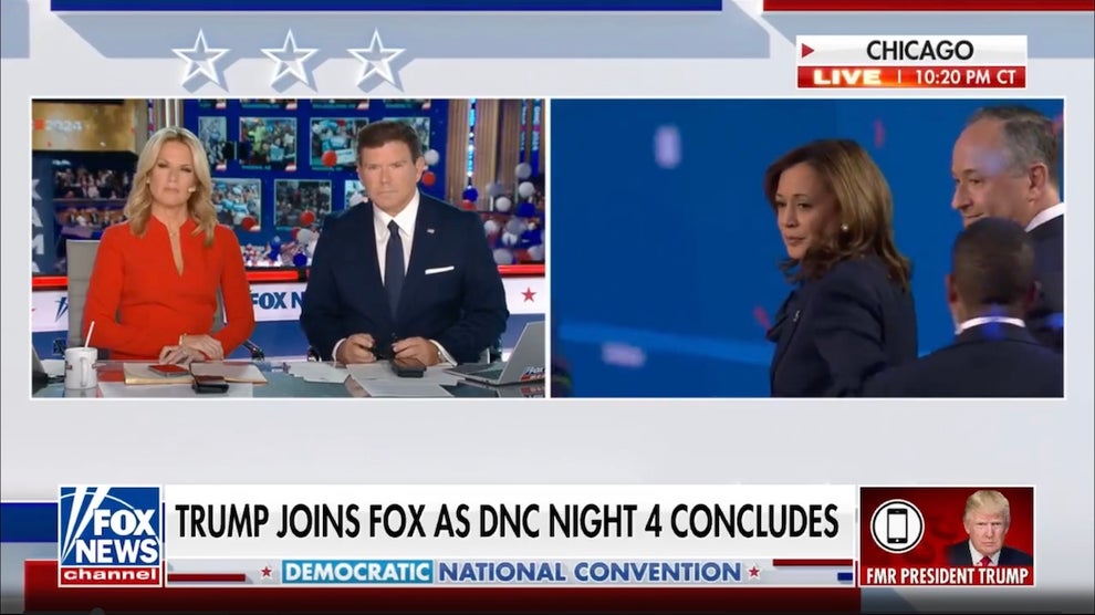 A TV split screen showing two news anchors with light-toned skin on the left, and on the right a shot of a woman with dark-toned skin and a man with light-toned skin.