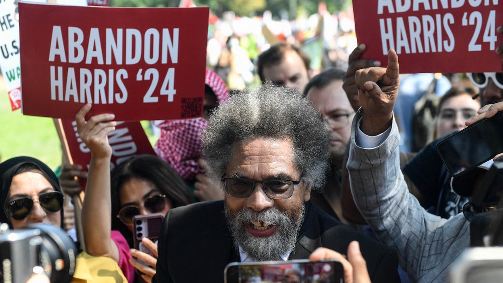 Cornel West walks through the crowd as pro-Palestinian protesters in Union Park prepare to march in Chicago
