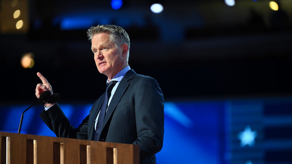 Steve Kerr, Team USA Men’s Basketball coach and Golden State Warriors coach, speaks onstage during the first day of the Democratic National Convention at the United Center on Aug. 9 in Chicago, Illinois (Credit: Brandon Bell/Getty Images)