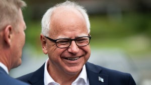 Minnesota Governor Tim Walz arrives to speak at a press conference regarding new gun legislation at City Hall on August 1, 2024 in Bloomington, Minnesota. Walz is thought to be on a short list of potential vice presidential running mates for Democratic presidential candidate Vice President Kamala Harris. (Credit: Stephen Maturen/Getty Images)