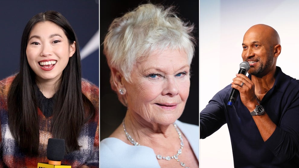 A side-by-side split of three photos showing actors Awkwafina, Judi Dench and Keegan-Michael Key. The woman on the left has medium-toned skin, the woman in the middle has light-toned skin and the man on the right has dark-toned skin.