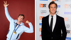 A split photo of two men with light-toned skin. On the left is a man wearing a gold medal and making a dramatic pause while wearing a track jacket. On the right is a man in a suit and tie in front of a step-and-repeat backdrop.