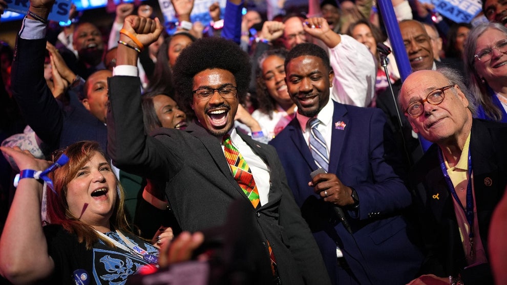 Tennessee State Rep. Justin Pearson (C-L) joins the Tennessee delegation as they cast their votes during the Ceremonial Roll Call of States on the second day of the Democratic National Convention at the United Center on August 20, 2024 in Chicago, Illinois