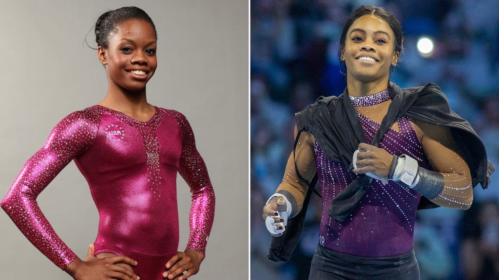 Gabby Douglas in 2012 (left) and in 2024