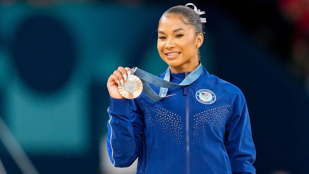 Jordan Chiles of USA celebrates during the Women's Artistic Gymnastics Floor Exercise Final medal ceremony on Day 10 of the Olympic Games Paris 2024 at Bercy Arena on August 5, 2024 in Paris, France