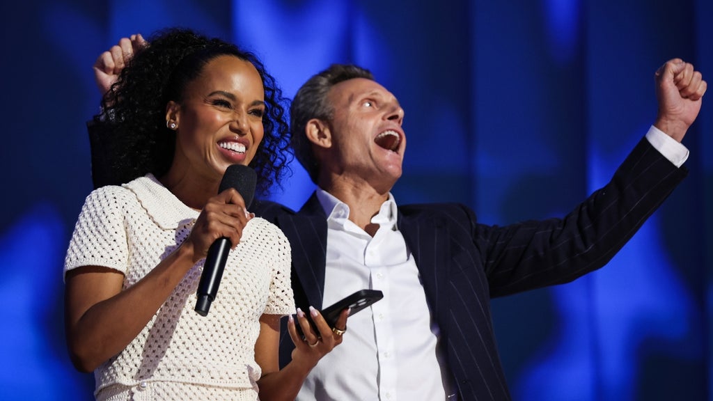 ctors Tony Goldwyn and Kerry Washington speak on stage during the final day of the Democratic National Convention at the United Center on August 22, 2024 in Chicago, Illinois