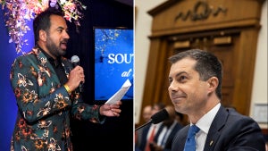A man with medium-toned skin in a colorful floral suit on the left in a split photo, a man with light-toned skin in a suit sitting at a microphone in a hearing room on the right.