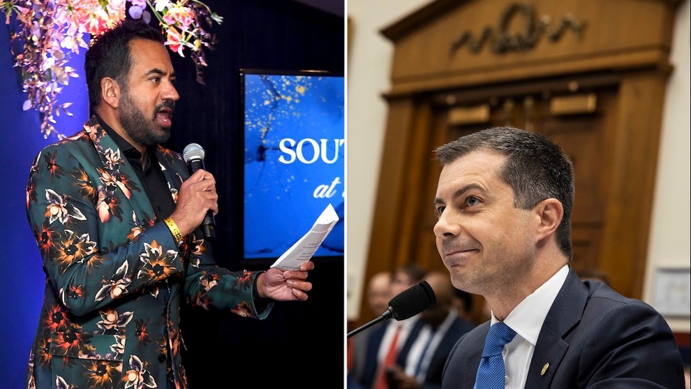 A man with medium-toned skin in a colorful floral suit on the left in a split photo, a man with light-toned skin in a suit sitting at a microphone in a hearing room on the right.