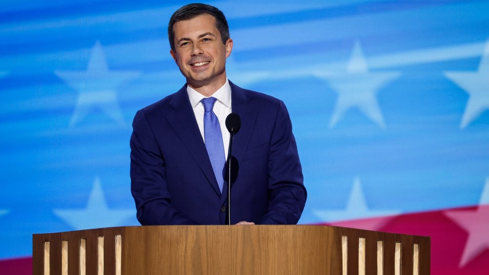 U.S. Transportation Secretary Pete Buttigieg speaks on stage during the third day of the Democratic National Convention at the United Center on August 21, 2024 in Chicago, Illinois