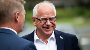 Minnesota Governor Tim Walz arrives to speak at a press conference regarding new gun legislation at City Hall on August 1, 2024 in Bloomington, Minnesota