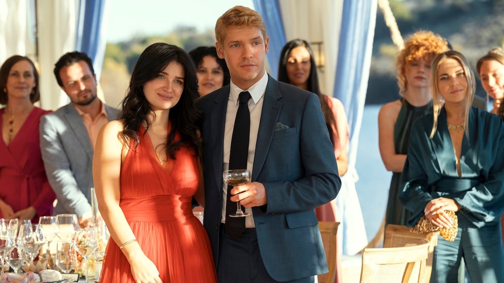 Eve Hewson as Amelia Sacks and Billy Howle as Benji Winbury in "The Perfect Couple." (Credit: Hilary Bronwyn Gayle/Netflix)