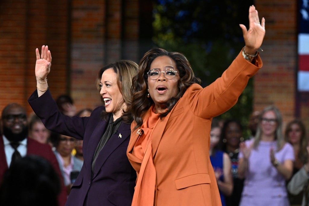 Kamala Harris joins Oprah Winfrey at a "Unite for America" live streaming rally on Sept. 19