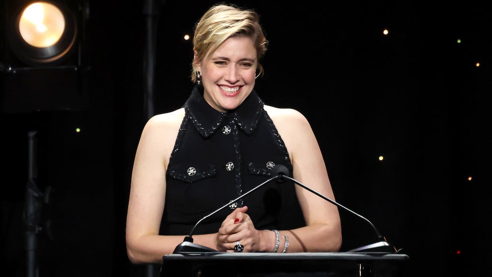 Greta Gerwig speaks onstage during the Will Rogers Motion Picture Pioneers Foundation's Pioneer Dinner
