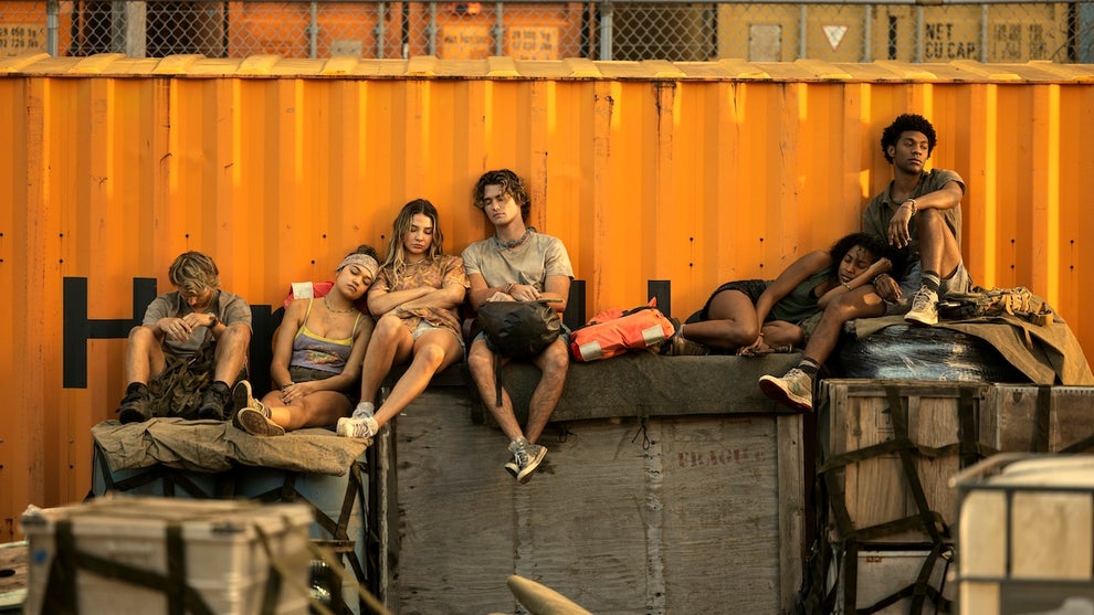 Rudy Pankow as JJ, Madison Bailey as Kiara, Madelyn Cline as Sarah Cameron, Chase Stokes as John B, Carlacia Grant as Cleo, Jonathan Daviss as Pope in episode 401 of Outer Banks. (Credit: Jackson Lee Davis/Netflix)