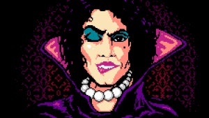 A digital eight-bit-styled image of a winking woman with a pearl necklace and a vampire-styled cape.