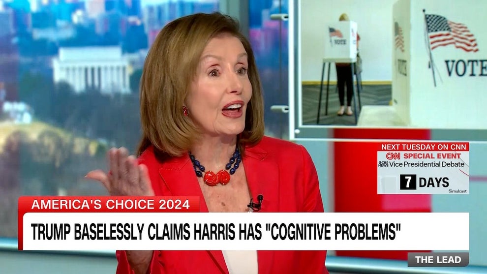An older woman gestures with a chyron below that reads "TRUMP BASELESSLY CLAIMS HARRIS HAS 'COGNITIVE PROBLEMS.'"