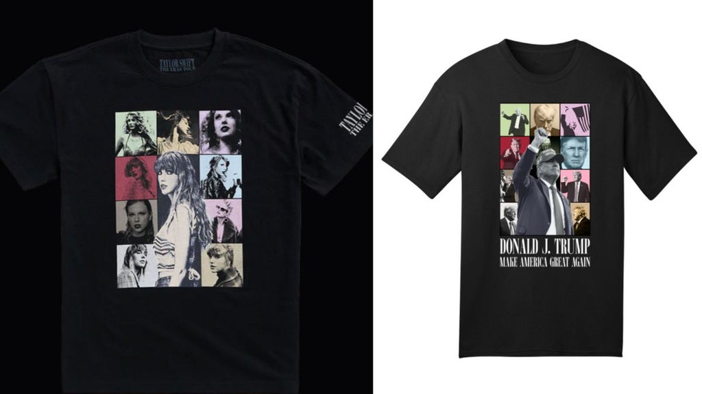 Taylor Swift Eras Tour shirts and Trump Campaign shits (Taylor Swift: The Eras Tour Store, Trump-Vance Official Merchandise Store)