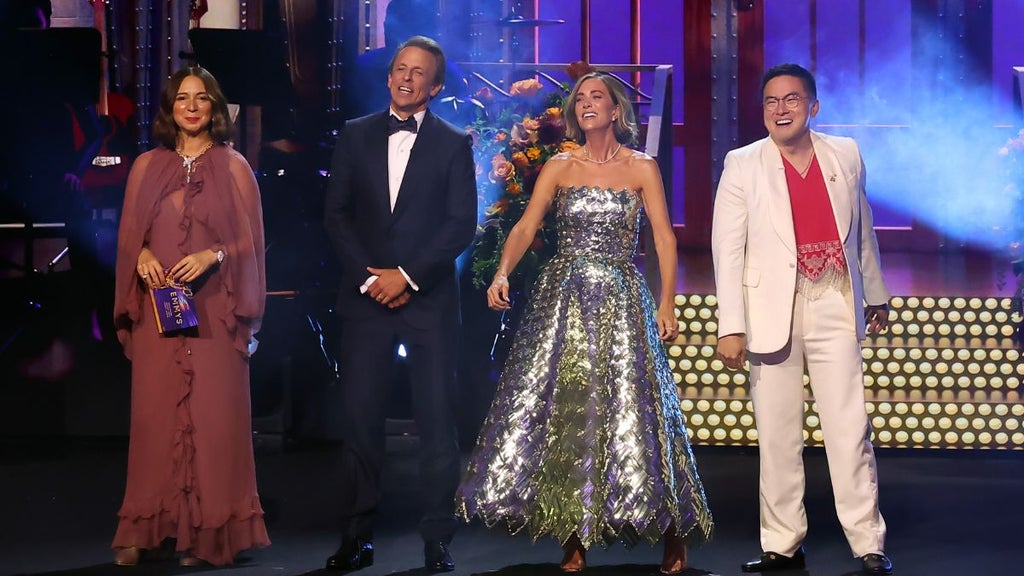 Maya Rudolph, Seth Meyers, Kristen Wiig, and Bowen Yang speak onstage during the 76th Primetime Emmy Awards (Getty Images)