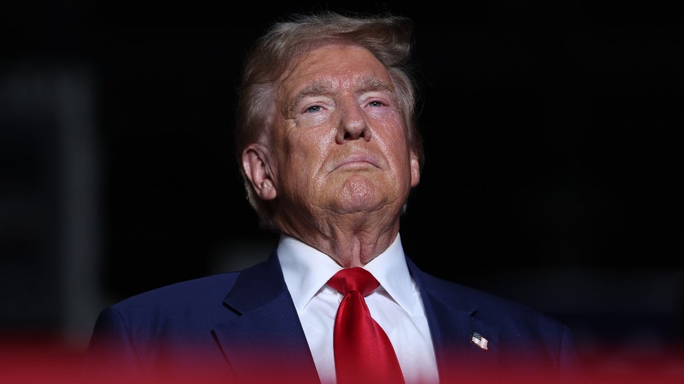 Republican presidential nominee, former U.S. President Donald Trump, looks one during a campaign rally at The Expo at World Market Center Las Vegas on September 13, 2024 in Las Vegas, Nevada