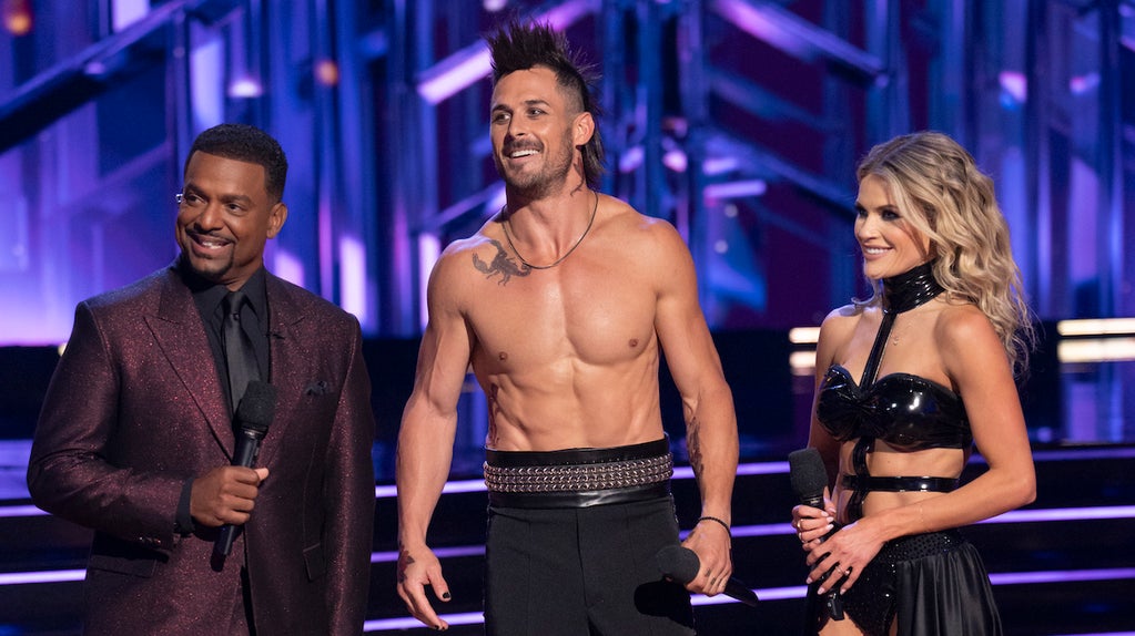 DWTS cohost Alfonso Ribeiro with Danny Amendola and Witney Carson on "Hair Metal Night"