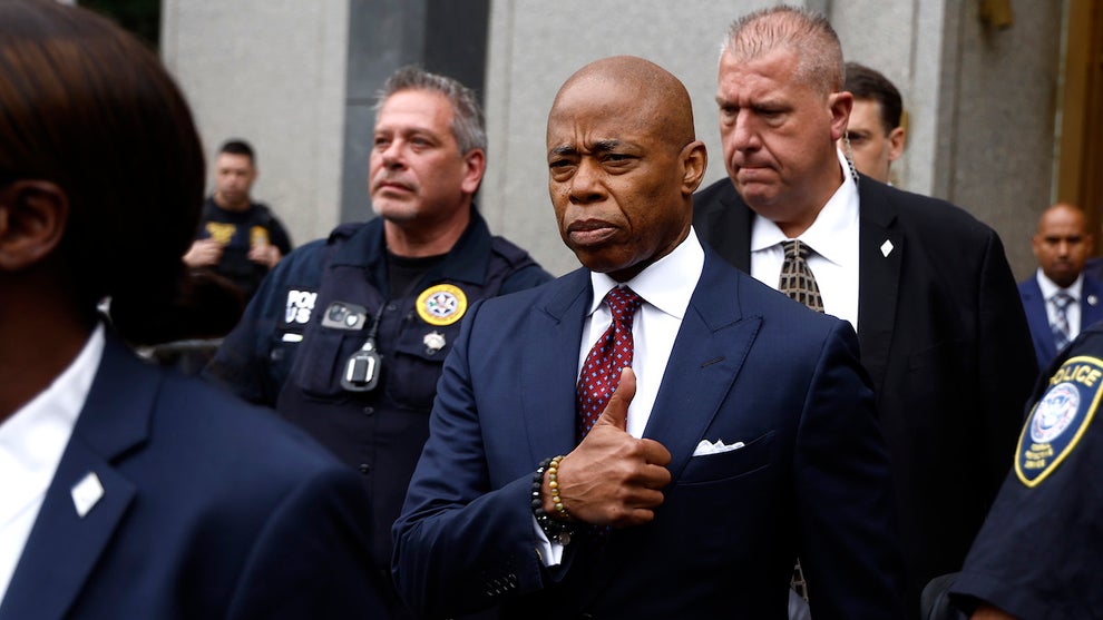 New York City Mayor Eric Adams exits federal court after his arraignment on bribery and fraud charges on Sept. 27 in New York City. (Credit: John Lamparski/Getty Images)