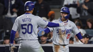 Tommy Edman and Mookie Betts at Game 5 of the 2024 World Series