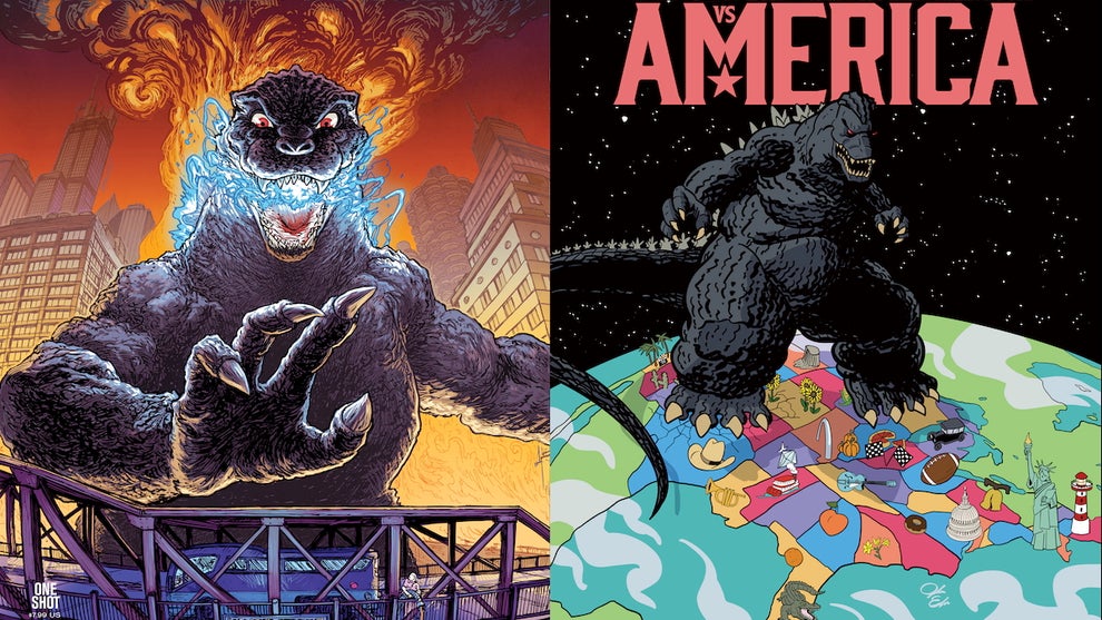 An image of Godzilla, blue atomic breath frothing from the mouth, looking to attack an L Train bridge in Chicago in the artwork on the left. On the right, an image of a giant Godzilla stomping across a much smaller representation of the United States, each of the states outlined with various local landmarks noted.
