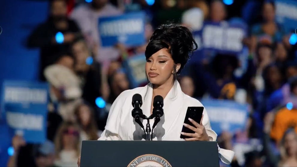Cardi B speaking at a Kamala Harris Rally