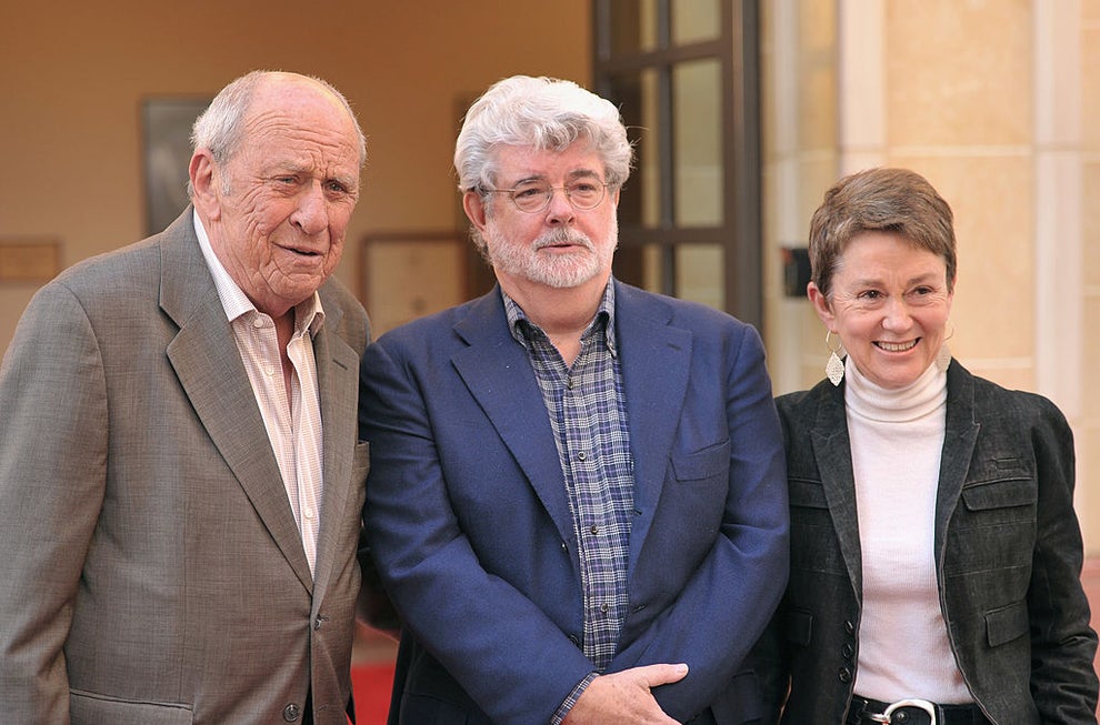 Professor Larry Auerbach, director/producer George Lucas, and USC School of Cinematic Arts dean Elizabeth M. Daley attend the dedication of the 20th Century Fox sound stage at the USC School of Cinematic Arts on March 29, 2011 in Los Angeles, California
