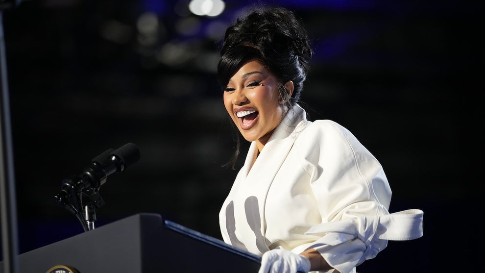 Cardi B speaks during a campaign rally for Democratic presidential nominee, U.S. Vice President Kamala Harris at the Wisconsin State Fair Park Exposition Center on Nov. 1, 2024 in Wisconsin. (Credit: Andrew Harnik/Getty Images)