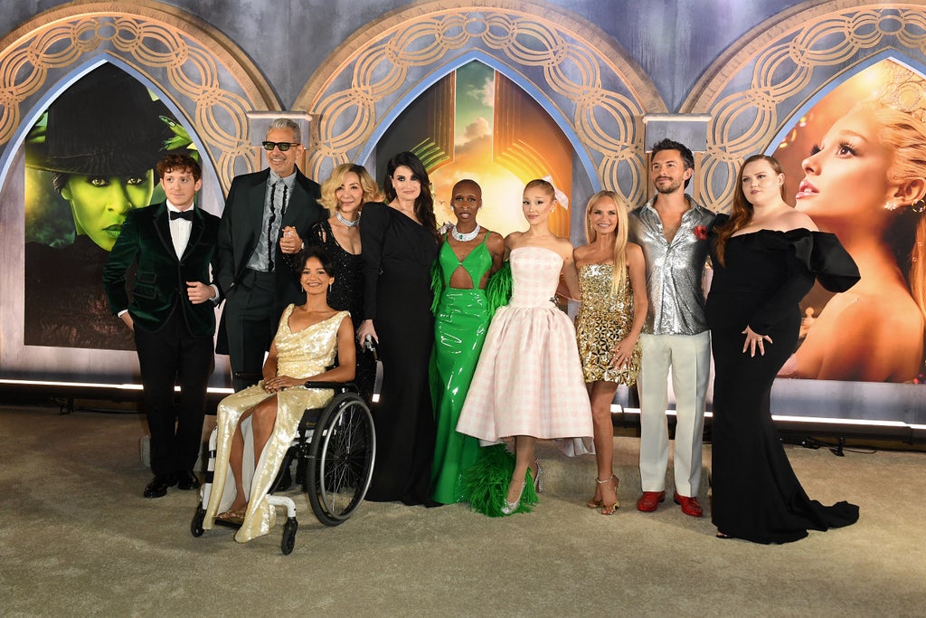 (From L) Actors Ethan Slater, Jeff Goldblum, Marissa Bode, Michelle Yeoh, Cynthia Erivo, Ariana Grande, Jonathan Bailey and Bronwyn James attend the Los Angeles premiere of Universal Pictures' "Wicked" at the Dorothy Chandler Pavillon, in Los Angeles, November 9, 2024. (Photo by VALERIE MACON / AFP) (Photo by VALERIE MACON/AFP via Getty Images)