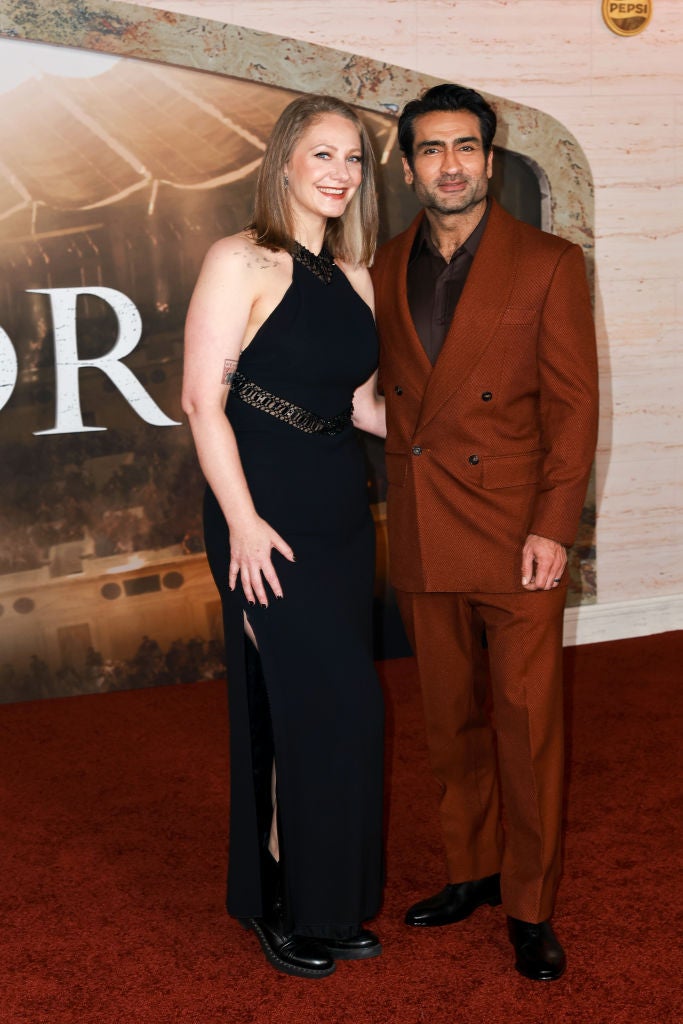 HOLLYWOOD, CALIFORNIA - NOVEMBER 18: (L-R) Emily V. Gordon and Kumail Nanjiani attend the Los Angeles premiere of Paramount Pictures' "Gladiator II" at TCL Chinese Theatre on November 18, 2024 in Hollywood, California. (Photo by Matt Winkelmeyer/Getty Images)