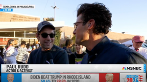 Paul Rudd hands out waters to first-time voters at Temple University in Philadelphia (Credit: MSNBC)