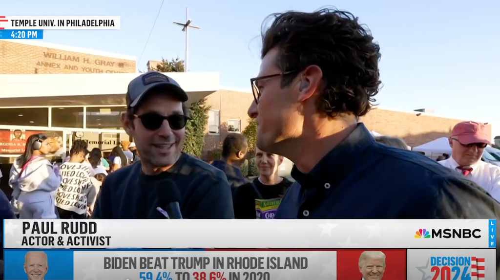 Paul Rudd hands out waters to first-time voters at Temple University in Philadelphia (Credit: MSNBC)