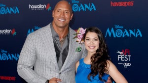 Dwayne Johnson and Auli'i Cravalho attend the L.A. premiere of "Moana" in 2016 (Credit: Tibrina Hobson/Getty Images)