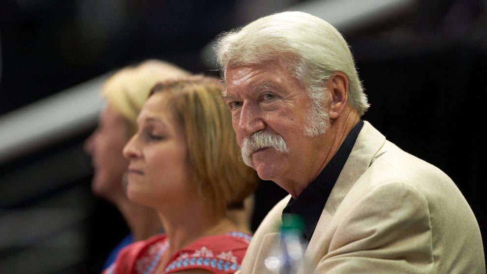 Closeup of former USA coach Bela Karolyi during Women's competition at HP Pavilion. San Jose, CA