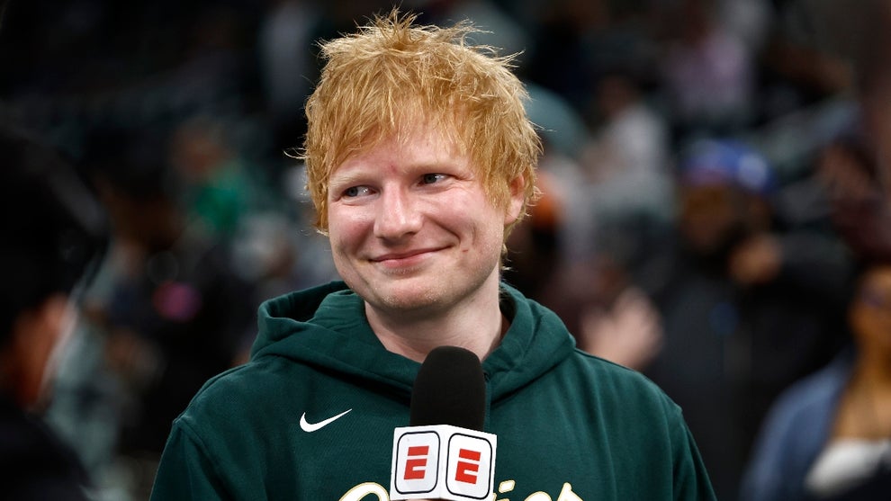 Singer Ed Sheeran reacts prior to a game between the Indiana Pacers and Boston Celtics during the first quarter in Game Two of the Eastern Conference Finals at TD Garden on May 23, 2024 in Boston, Massachusetts