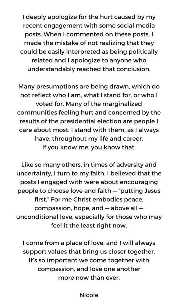 Nicole Scherzinger apology posted to Instagram Stories on Friday, Nov. 8