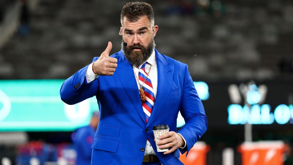 ESPN broadcaster Jason Kelce gives a thumbs-up prior to an NFL game between the New York Jets and the Buffalo Bills at MetLife Stadium on October 14, 2024 in East Rutherford, New Jersey