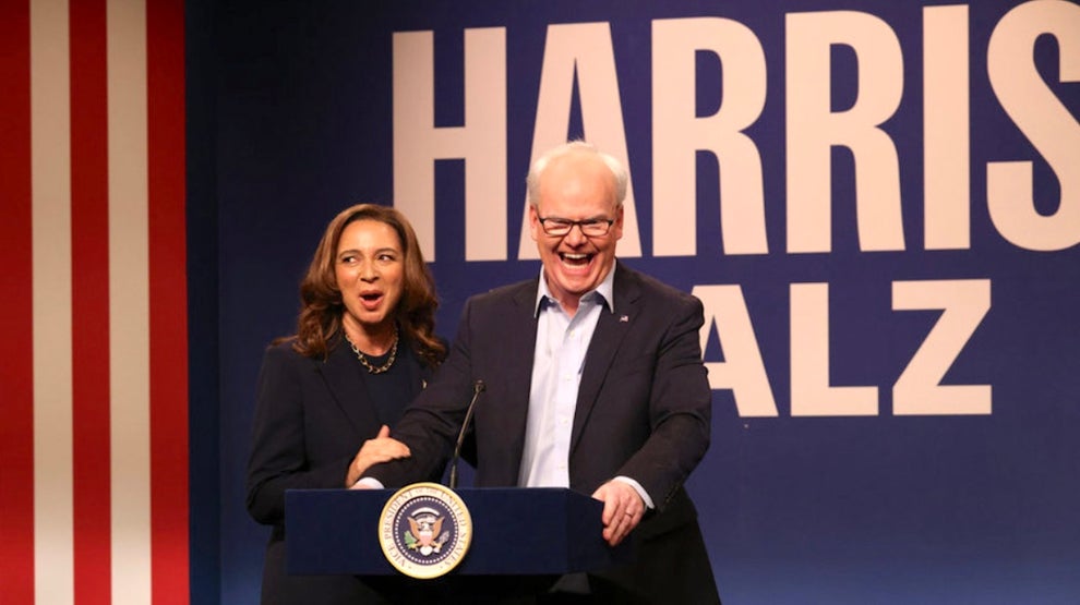 Maya Rudolph as Kamala Harris and Jim Gaffigan as Tim Walz on "Saturday Night Live"
