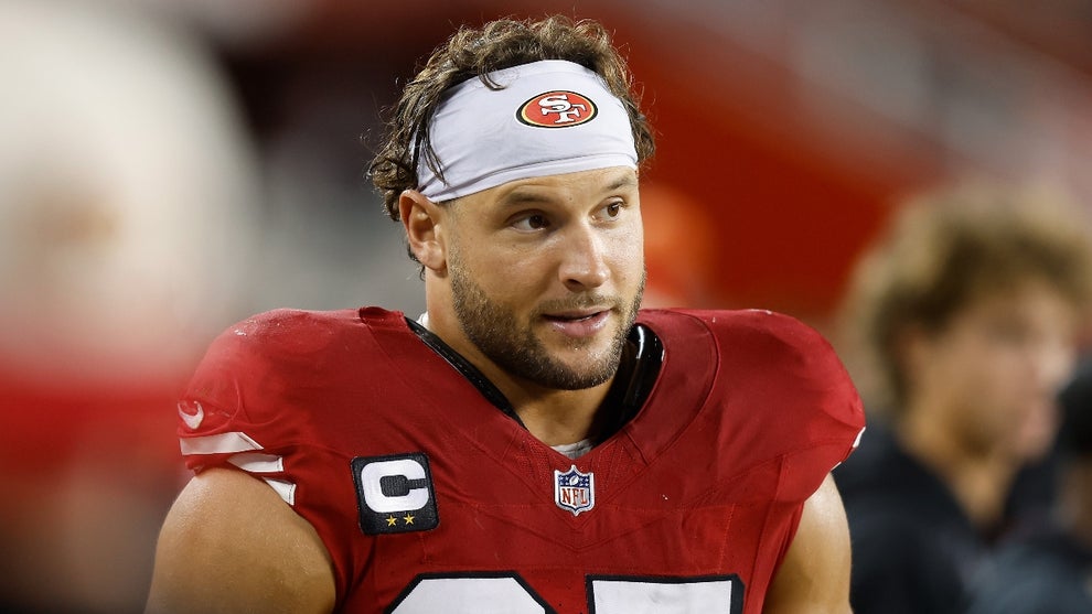 Nick Bosa #97 of the San Francisco 49ers looks on from the sideline during the game \ at Levi's Stadium on October 27, 2024 in Santa Clara, California