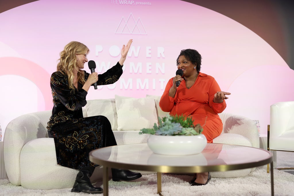 Laura Dern, Award Winning Actress, Producer & Philanthropist, and Stacey Abrams, CEO, Sage Works Productions & Senior Advisor, Rewiring America, speak onstage during the Spotlight Conversation