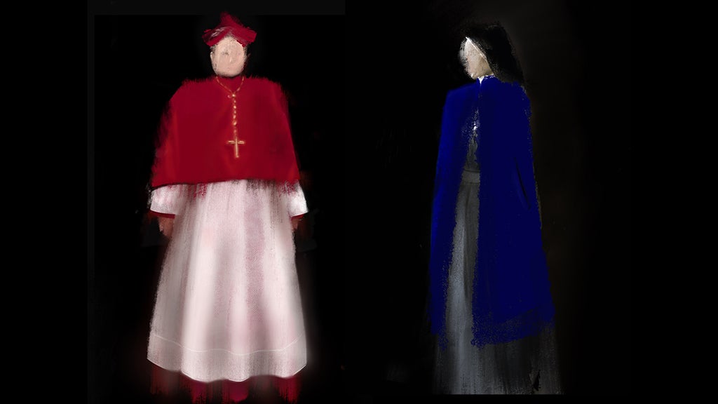 Sketches of cardinal and nun wardrobe from "Conclave" (Focus Features)