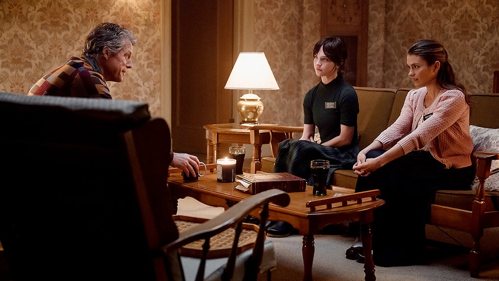 Hugh Grant, Sophie Thatcher and Chloe East in "Heretic" (A24)