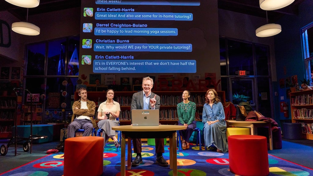 0982 - Thomas Middleditch, Amber Gray, Bill Irwin, Chelsea Yakura-Kurtz, and Jessica Hecht in Manhattan Theatre Club’s Broadway premiere of Eureka Day by Jonathan Spector, directed by Anna D. Shapiro. ©Jeremy Daniel